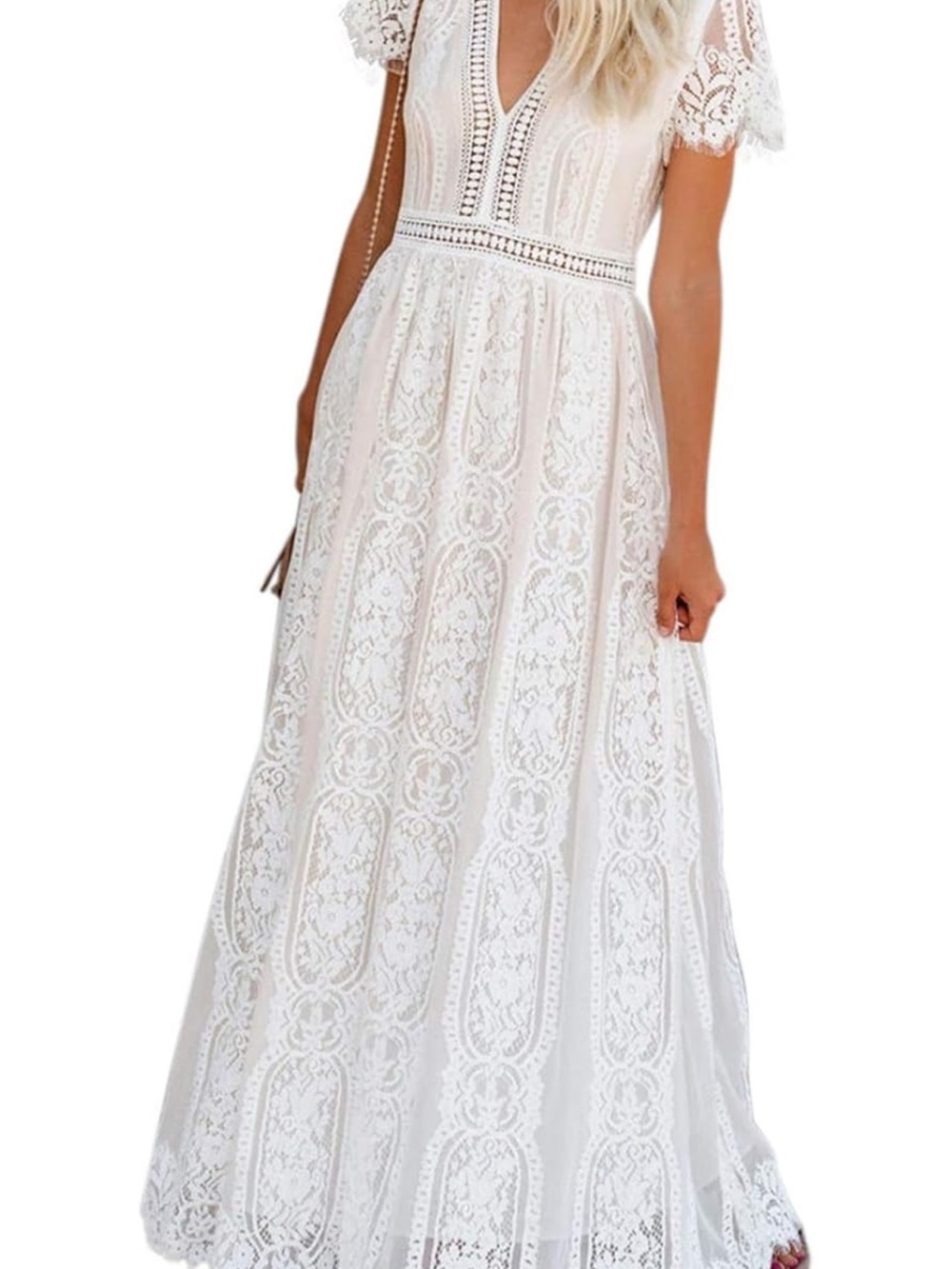 Bohemian White Lace Maxi Dress with V-Neck